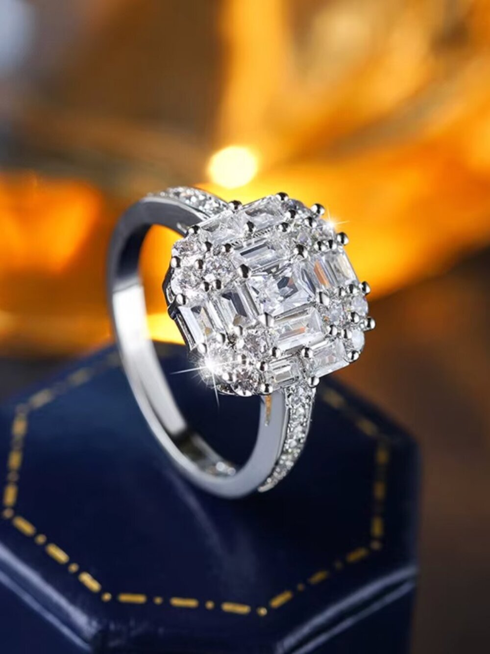NEW 14k White Gold Cushion Cut Baguette Cut Ring Band Sterling Silver Ring